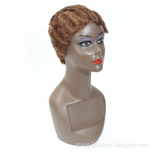 30# Finger Wave None Lace Wigs Short Pixie Cut Water Hair Body Wave Human Hair Machine Made Wigs for Black Women